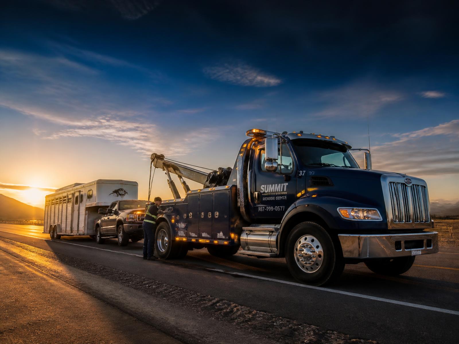 EquiPro Roadside service truck assisting a pickup and horse trailer at sunrise