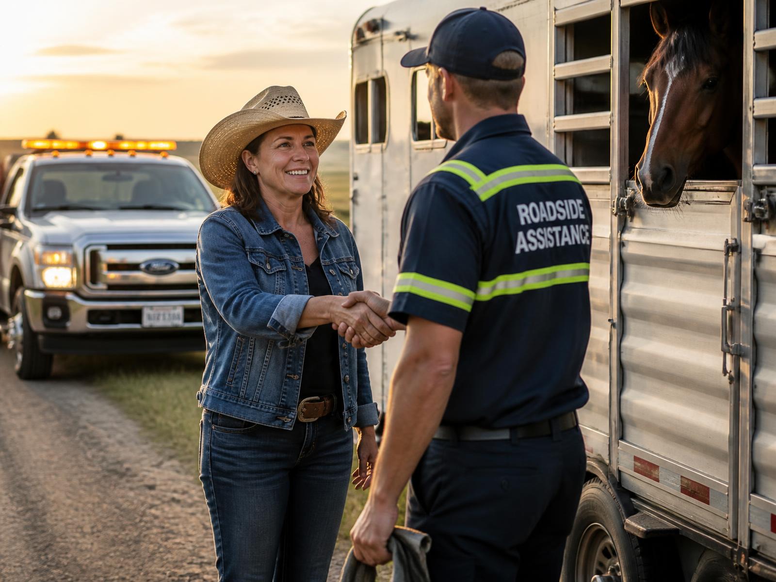 A horse owner receives roadside assistance next to her horse trailer